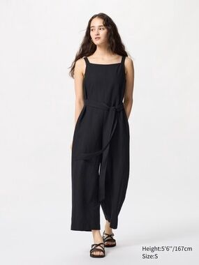 Uniqlo linen blend black square-neck wide leg jumpsuit with waist tie